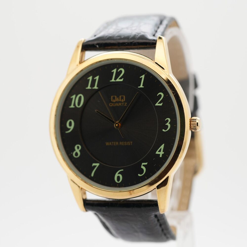 Q&Q Quartz Mens Watch 42mm Gold Tone Black Dial Leather Strap New Battery